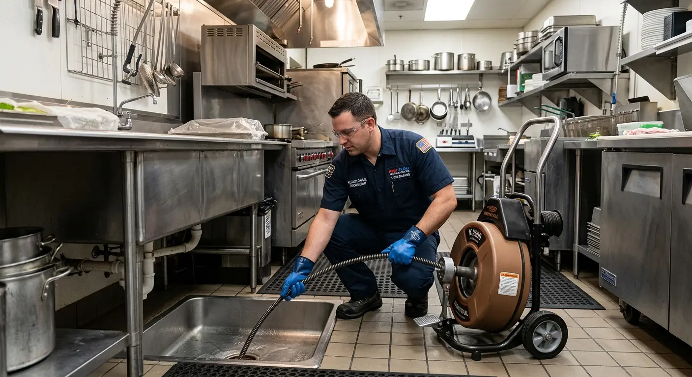 Commercial drain cleaning service in a restaurant kitchen in St. Francis