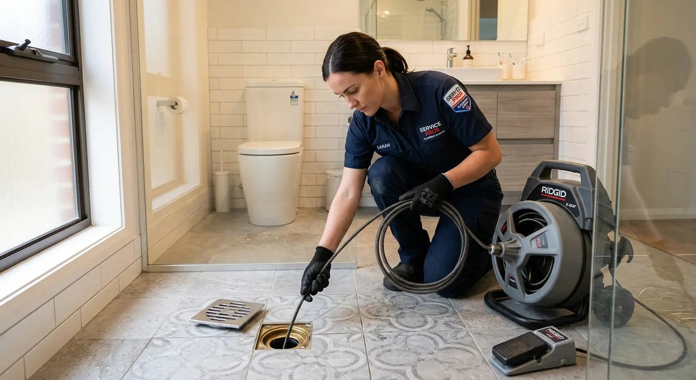 Technician clearing a bathroom floor drain for Clogged Drain Repair in St. Francis